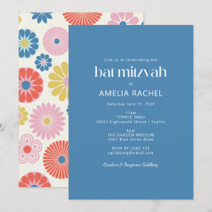 Invitation Bat mitzvah bleu fleur Boho scandinave