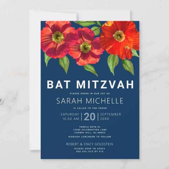 Invitation Bat mitzvah bleu marine Aquarelle rouge Floral Mod (Devant)