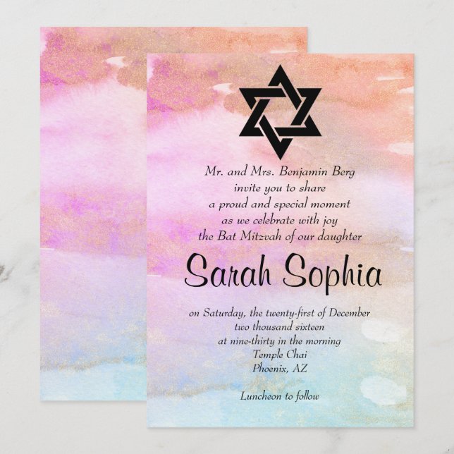 Invitation Bat mitzvah bleu orange rose de fille d'or (Devant / Derrière)