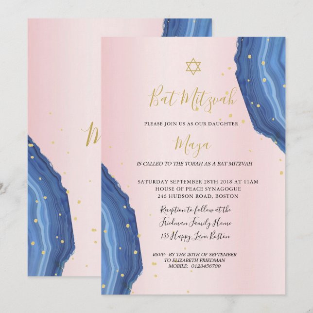 Invitation Bat mitzvah bleu rose or juif (Devant / Derrière)