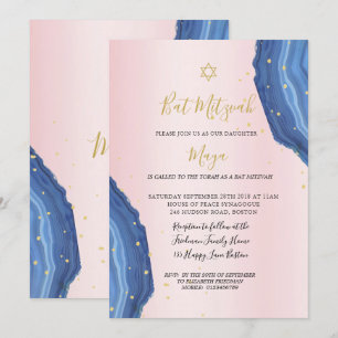 Invitation Bat mitzvah bleu rose or juif