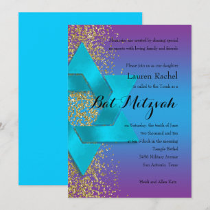Invitation Bat mitzvah Bleu Violet Ombre Faux Parties scintil