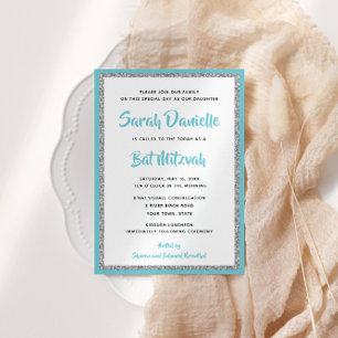 Invitation Bat mitzvah brillant bleu et rectangle argenté