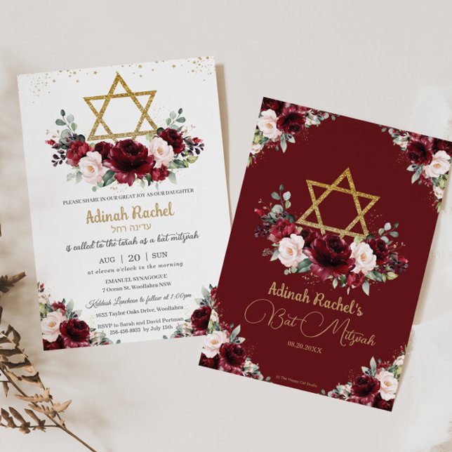 Invitation Bat mitzvah Burgundy Blush Floral Gold Star (Créateur téléchargé)