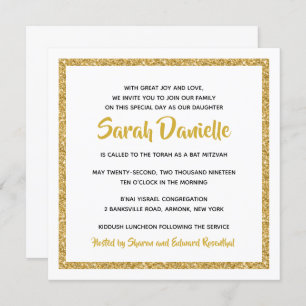 Invitation Bat mitzvah Carré blanc et or
