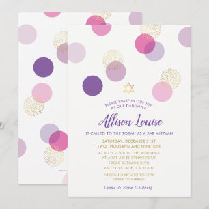 Invitation BAT MITZVAH chic confetti tache or rose violet