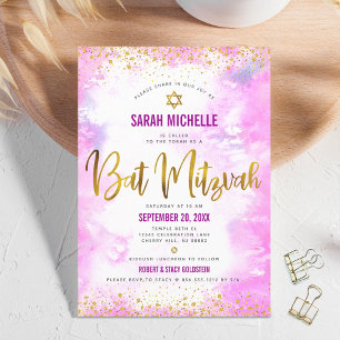 Invitation Bat Mitzvah chic moderne or foil rose aquarelle