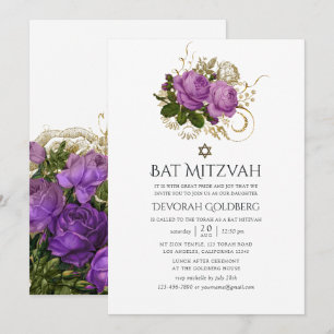Invitation Bat mitzvah chic Vintage violet et or