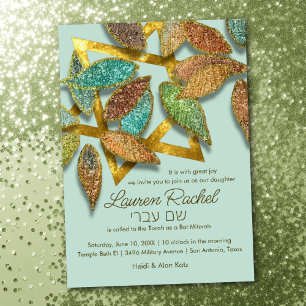 Invitation Bat mitzvah Coloré Glitterie Pétales Aqua Brown