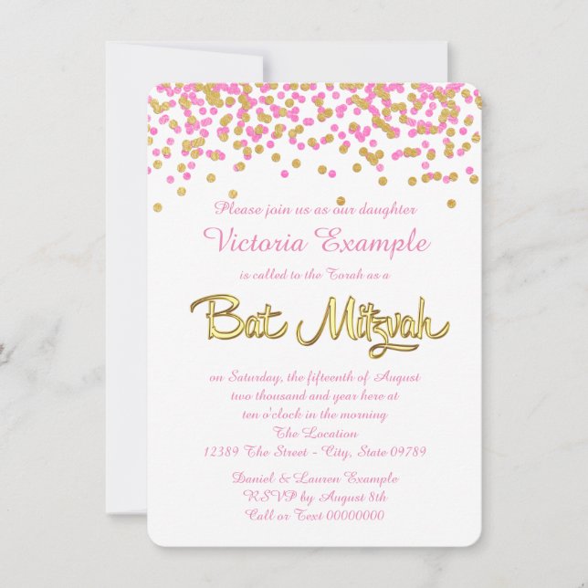 Invitation Bat mitzvah Confetti rose et or (Devant)