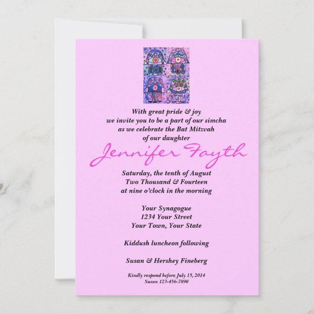 Invitation Bat mitzvah - cru rose Tapastry de quatre Hamsa (Devant)