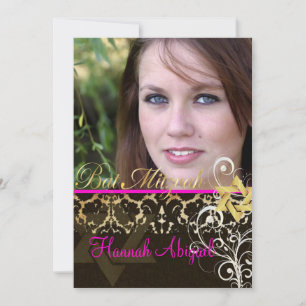 Invitation Bat Mitzvah/Damask vintage/Tourbillons/rose chaud