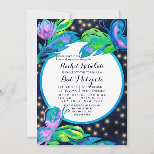 Invitation Bat mitzvah d'aquarelle à feuilles florales de pap (Devant)