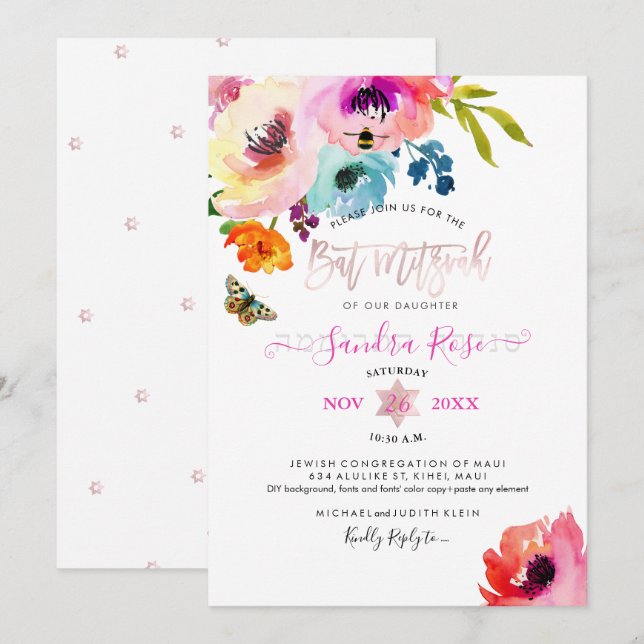 Invitation Bat mitzvah d'aquarelle des Roses d'eau PixDezines (Devant / Derrière)