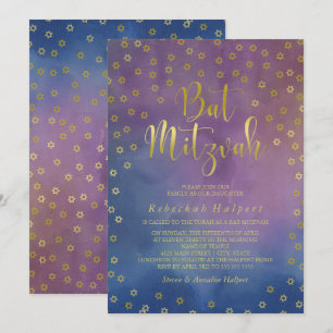 Invitation Bat mitzvah d'aquarelle Gold Stars