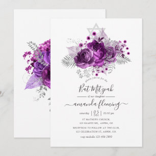 Invitation Bat mitzvah d'aquarelle prune et argent