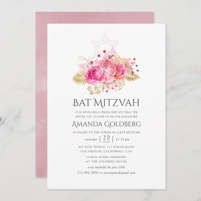 Invitation Bat mitzvah d'aquarelle Tropical Pink and Gold Ros (Devant / Derrière)