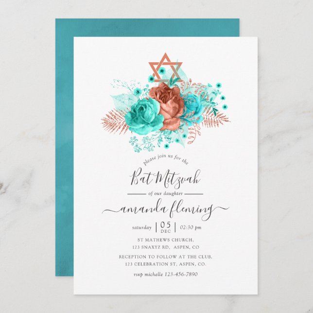 Invitation Bat mitzvah d'aquarelle turquoise et corail (Devant / Derrière)