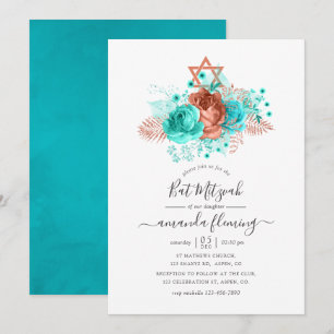 Invitation Bat mitzvah d'aquarelle turquoise et corail