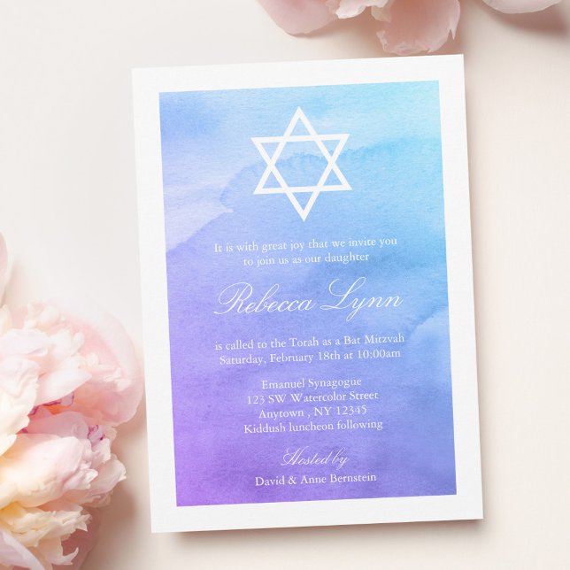 Invitation Bat mitzvah d'aquarelle violet et Turquoise (Créateur téléchargé)