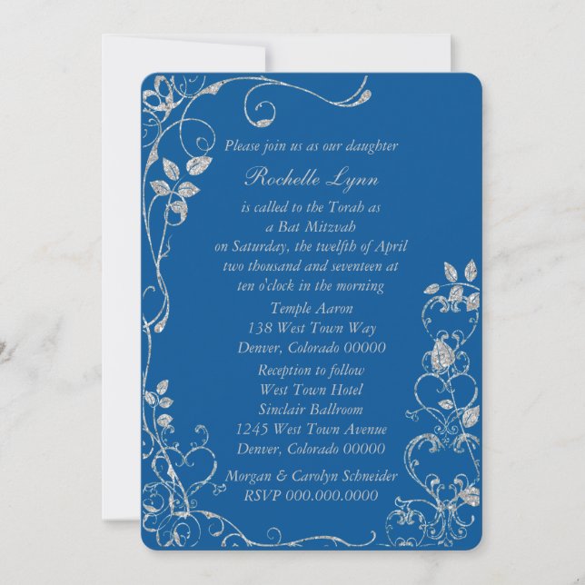Invitation Bat mitzvah d'araignée de coeur bleu Faux Diamond (Devant)
