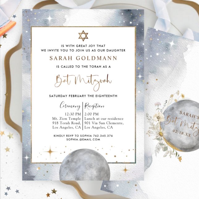 Invitation Bat mitzvah d'argent céleste, blanc et or (Créateur téléchargé)