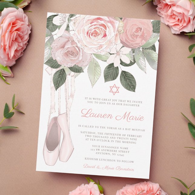 Invitation Bat mitzvah de Ballet Floral rose (Créateur téléchargé)