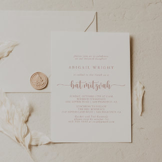 Invitation Bat mitzvah de calligraphie minimaliste or rose