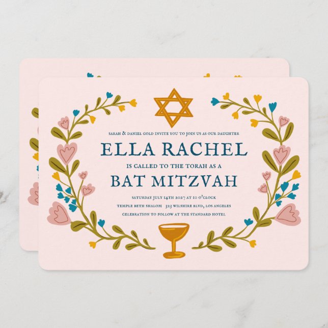 Invitation Bat mitzvah de couronne florale Code QR personnali (Devant / Derrière)