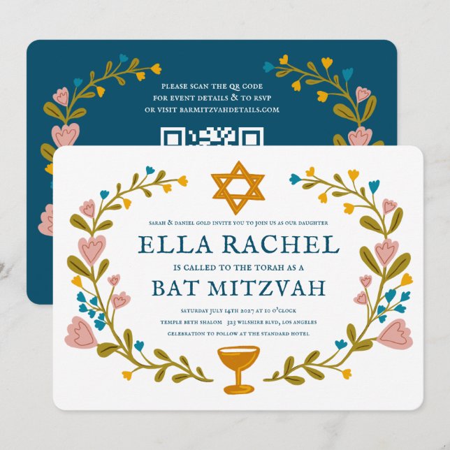 Invitation Bat mitzvah de couronne florale Code QR personnali (Devant / Derrière)