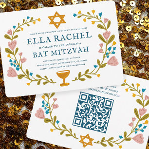 Invitation Bat mitzvah de couronne florale Code QR personnali