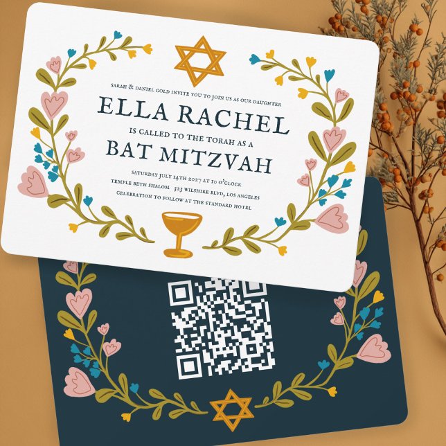 Invitation Bat mitzvah de couronne florale Code QR personnali (Floral Wreath Bat Mitzvah Hand-drawn Custom QR code Invitation
)