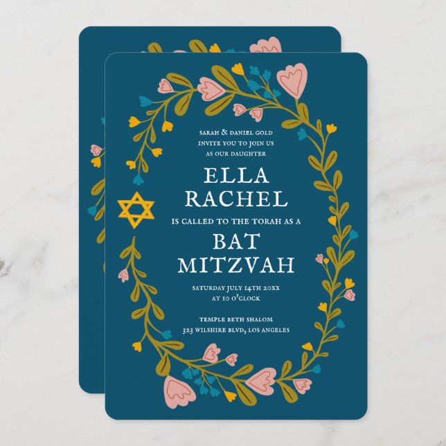 Invitation Bat mitzvah de couronne florale Code QR personnali (Devant / Derrière)
