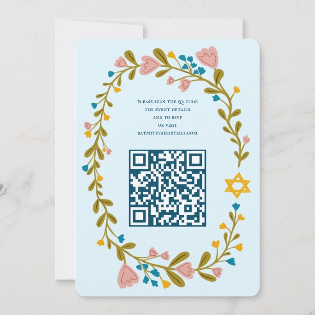 Invitation Bat mitzvah de couronne florale Code QR personnali (Dos)