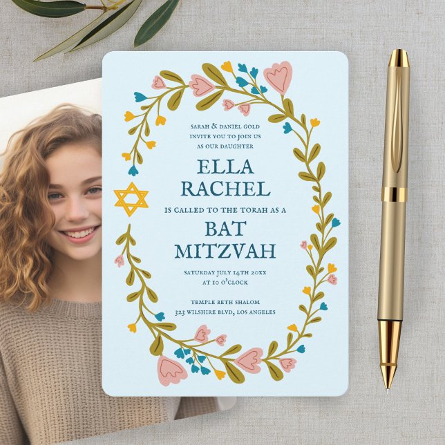 Invitation Bat mitzvah de couronne florale photo personnalisé (Floral Wreath Bat Mitzvah Hand-drawn Custom Photo Invitation
)