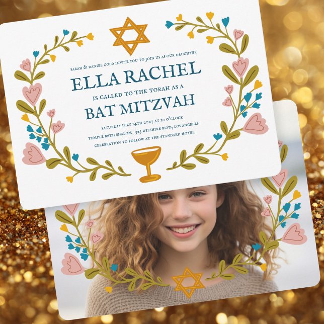 Invitation Bat mitzvah de couronne florale photo personnalisé (Floral Wreath Bat Mitzvah Hand-drawn Custom Photo Invitation
)