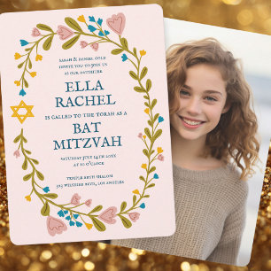 Invitation Bat mitzvah de couronne florale photo personnalisé