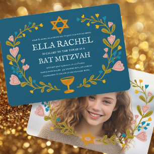 Invitation Bat mitzvah de couronne florale photo personnalisé