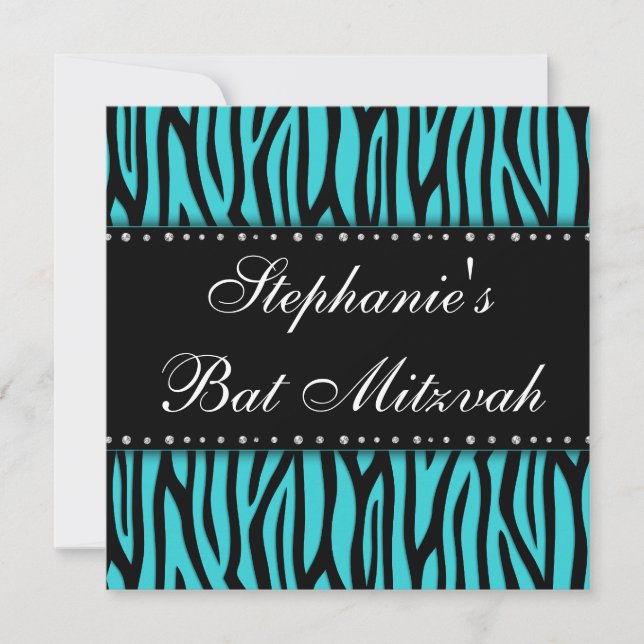 Invitation Bat mitzvah de diamants imprimés Zèbre bleu turquo (Devant)