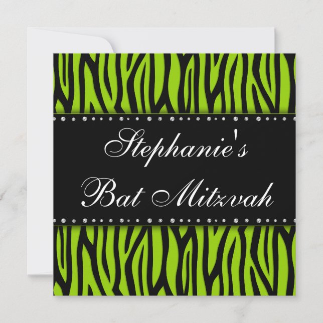 Invitation Bat mitzvah de diamants imprimés Zèbre vert citron (Devant)