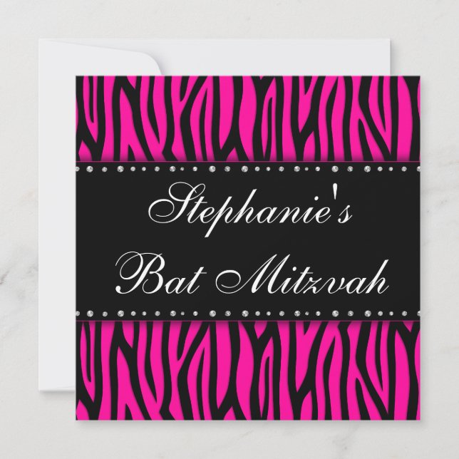 Invitation Bat mitzvah de diamants Zèbre rose chau (Devant)
