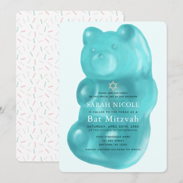Invitation Bat mitzvah de fille ours de la gomme bleue (Devant / Derrière)