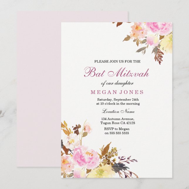 Invitation Bat mitzvah de fille rose douce (Devant / Derrière)