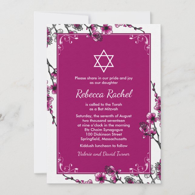 Invitation Bat mitzvah de fleurs de cerisier rose (Devant)