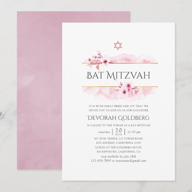 Invitation Bat mitzvah de fleurs de printemps rose géométriqu (Devant / Derrière)