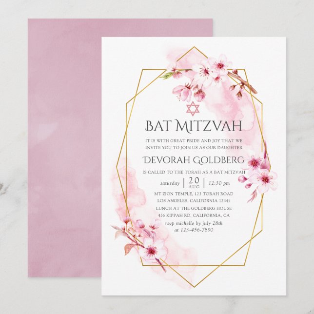 Invitation Bat mitzvah de fleurs de printemps rose géométriqu (Devant / Derrière)