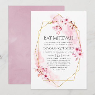 Invitation Bat mitzvah de fleurs de printemps rose géométriqu