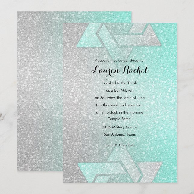 Invitation Bat mitzvah de Glittery Gradient Aqua (Devant / Derrière)