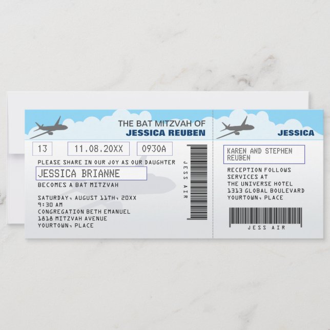 Invitation Bat mitzvah de la barre de billets d'avion (Devant)