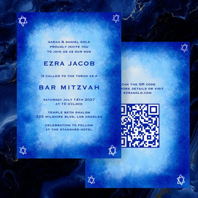 Invitation Bat mitzvah de la barre de code QR personnalisée B (Blue Watercolor Star of David Abstract Custom QR Code Bar Bat Mitzvah Invitation
)